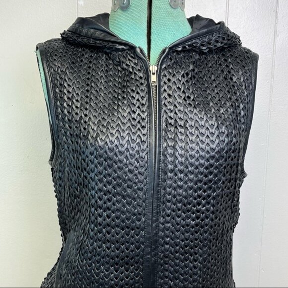 Vintage 80s Woven Braided Black Leather Jacket Sleeveless Hooded Vest Size Large - Picture 8 of 14
